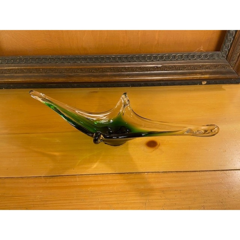 Vintage Mid Century Modern Green Art Glass Winged Centerpiece Bowl 14.5 Inch